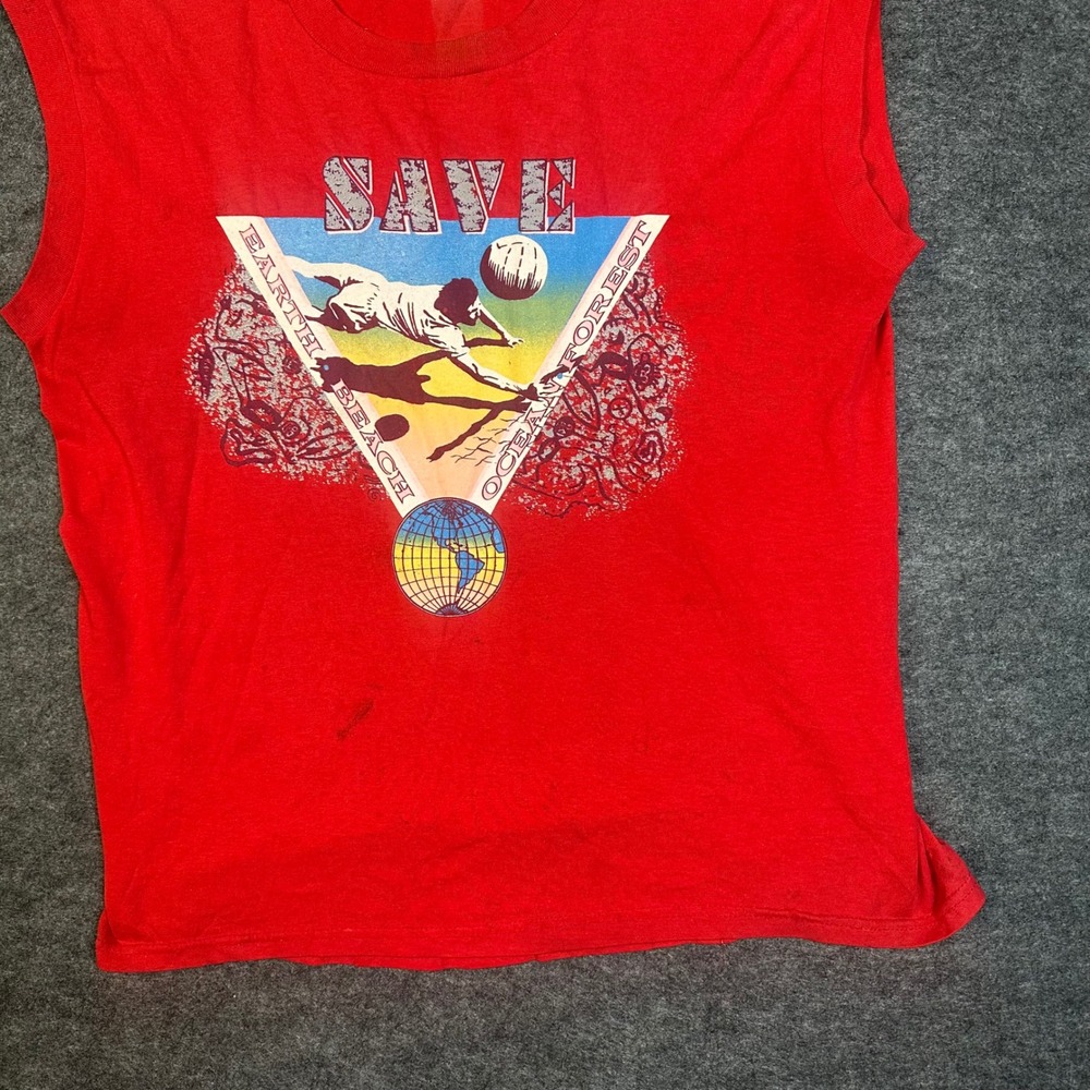 Vintage 80s Save Earth Beach Ocean Forest Muscle Shirt Red Graphic Tee Large - Picture 2 of 15